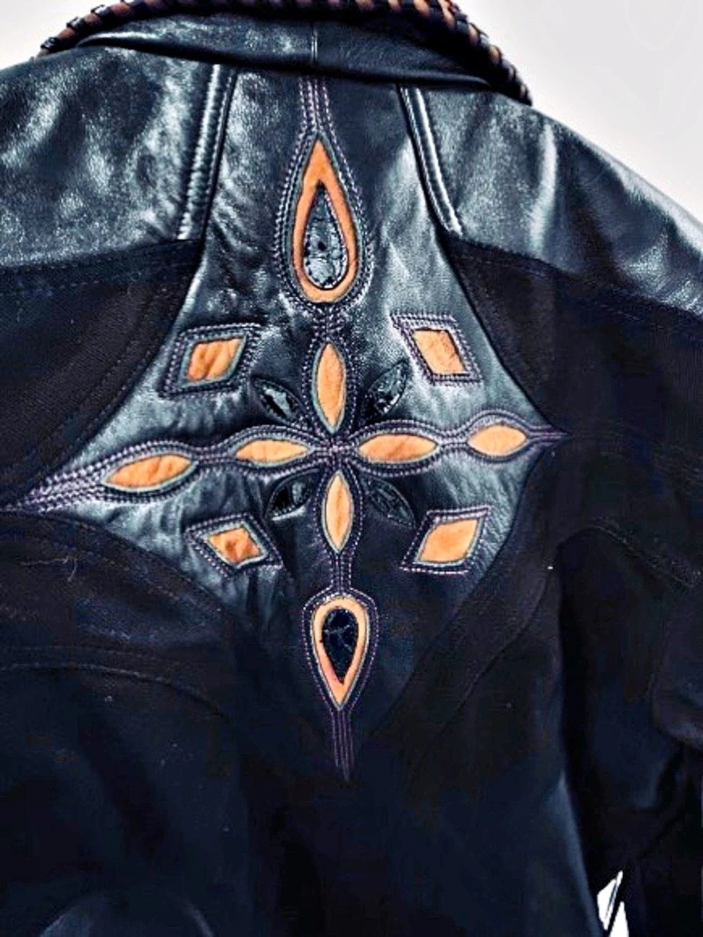 Vintage CACHE Leather & Cotton Embroidered Leather Cotton Jacket Y2K 90’s Native - Picture 5 of 12